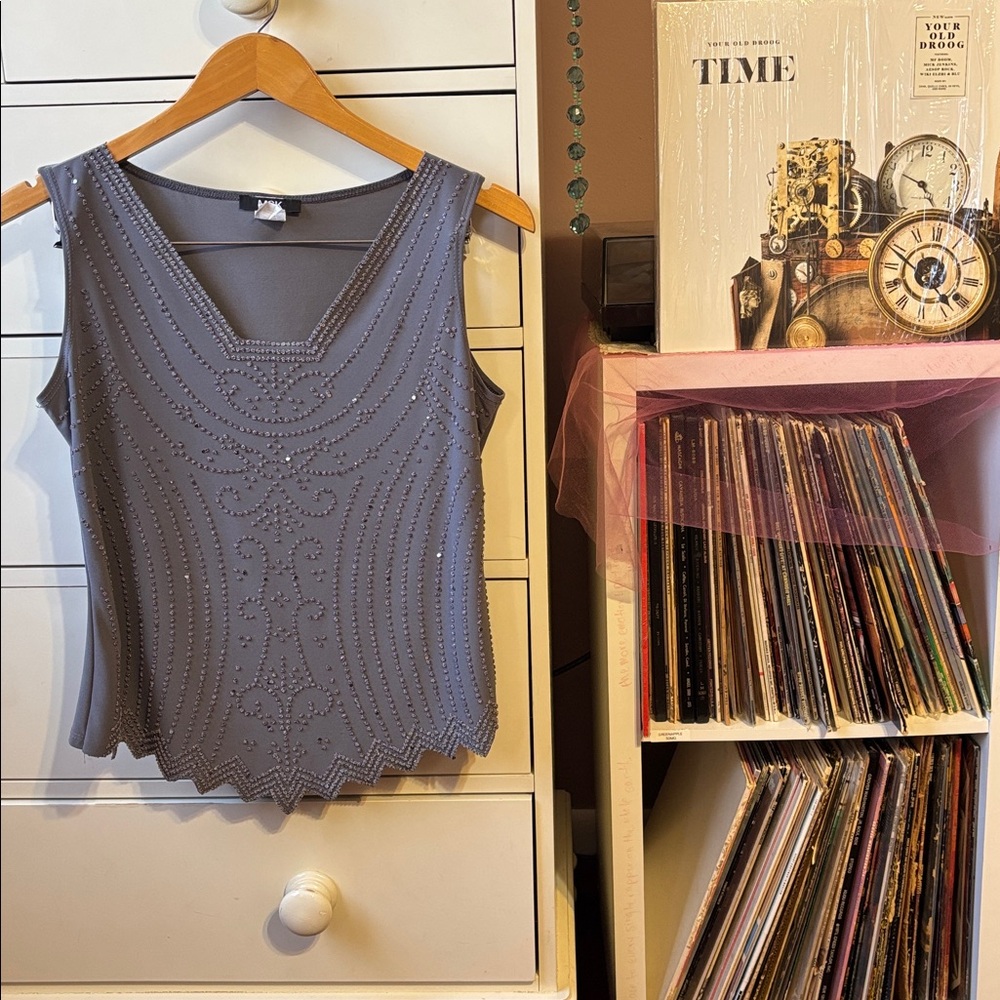 Vintage Y2K Crystal Babydoll Top Embellished Gray Milkmaid Sparkle 90s Blouse